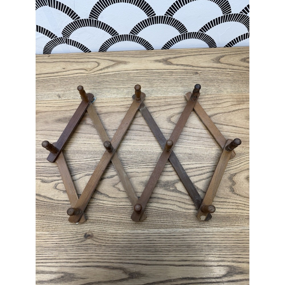 Vintage Wooden Accordion 10 Peg Rack Wall Coat Hat Hooks Expandable